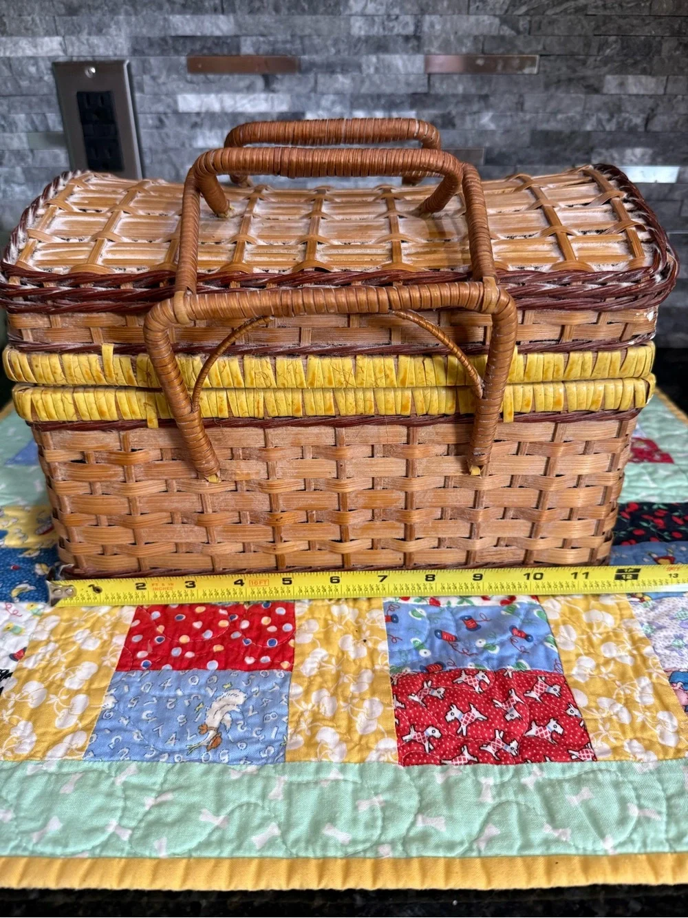 Vintage Small Woven Picnic Basket with Yellow Trim